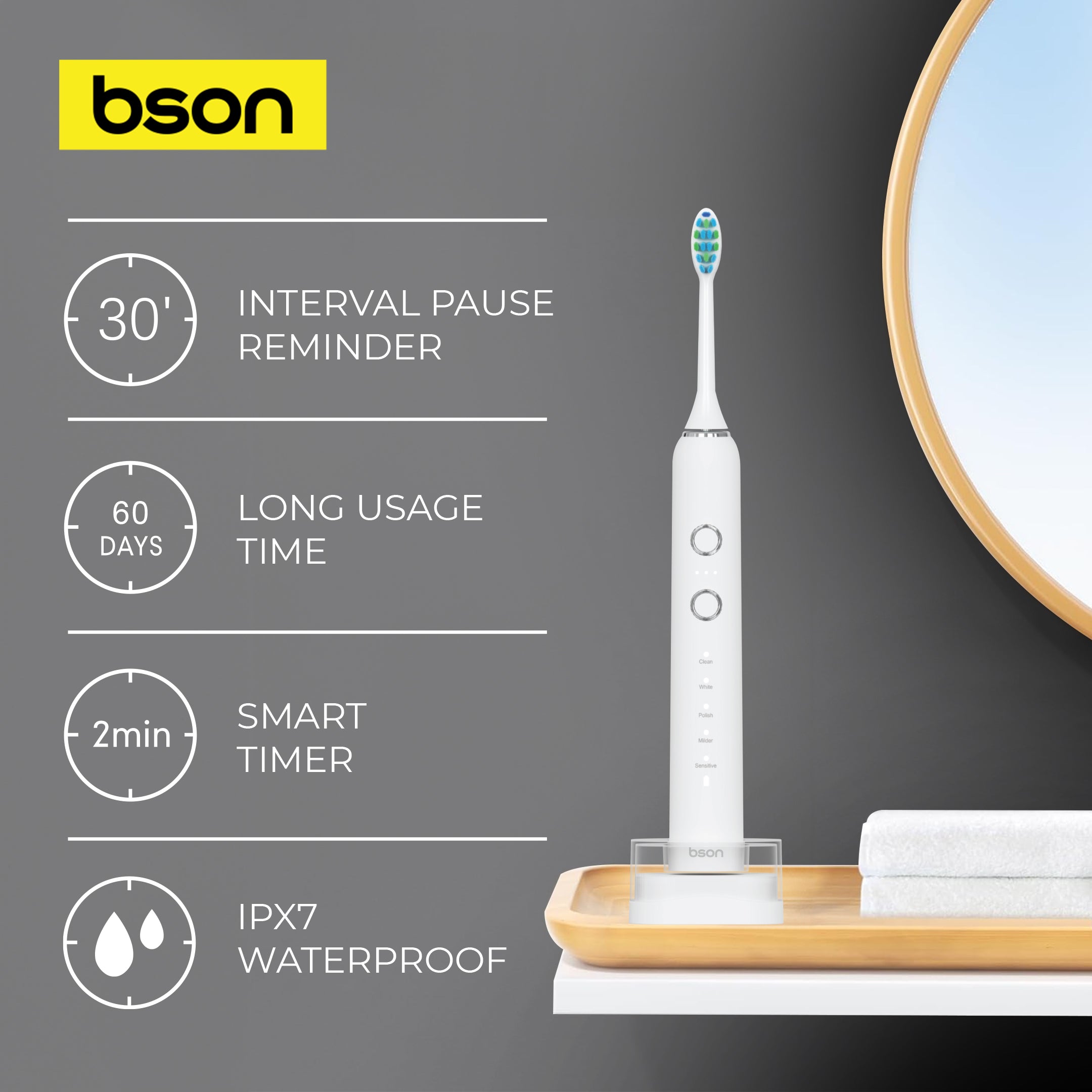Bson Wireless Sonic Toothbrush With 60-Day Battery Life, 10X Better Whitening, Wireless Charging, 34,000–40,000 SPM & IPX7 Waterproof