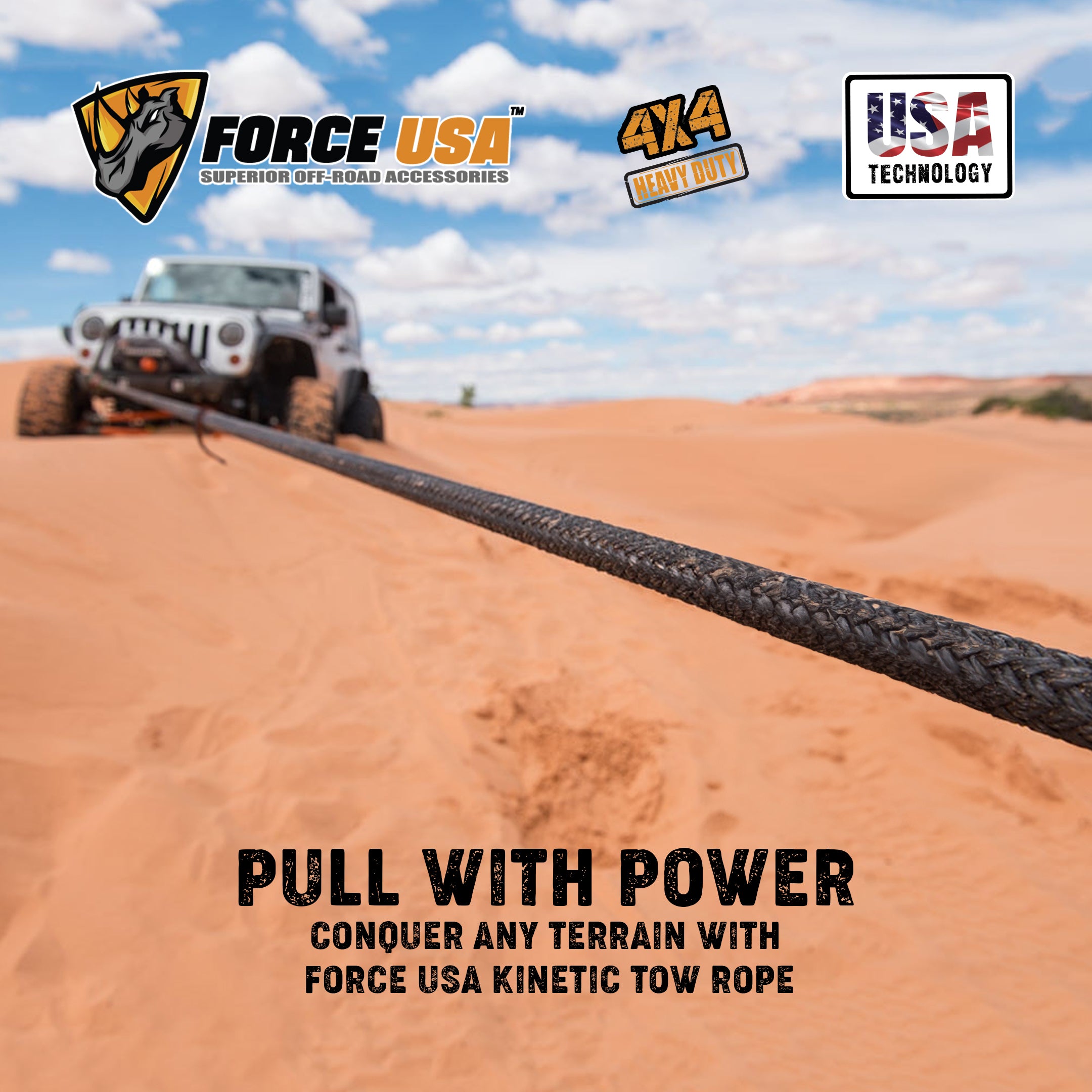 Force USA Extreme Strength Kinetic Tow Rope, 6M/8.2 Ton Heavy-Duty Recovery Rope, Elastic Recovery Strap for Off-Road, SUV, Truck & 4x4 Vehicles