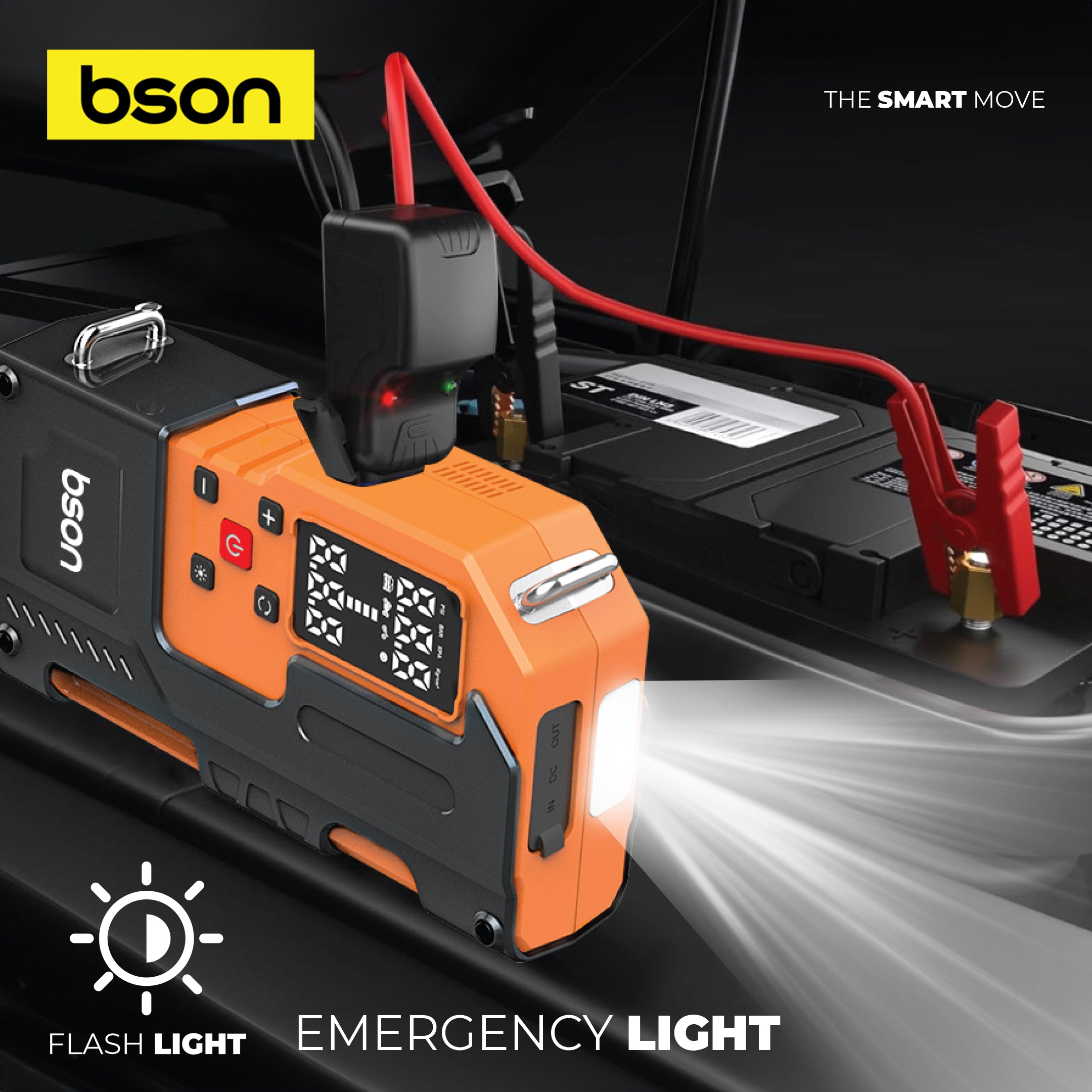 Bson Turbo Jump Starter with Air Inflator – 6-in-1 Emergency Kit, 12000mAh Battery, 150 PSI Compressor, Power Bank, Flashlight, Smart Clips & Storage-Ideal for Outdoor & Travel Use