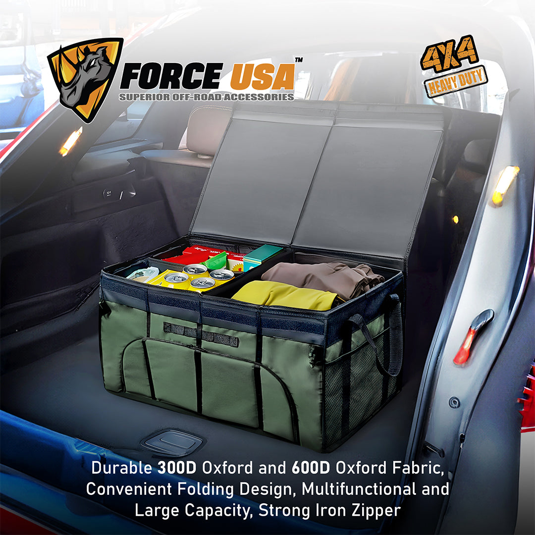 Force USA Multipurpose Bag Organizer, Foldable, Durable 600D & 300D Oxford Fabric, with Heavy-Duty Iron Zipper, Adjustable Sections, Large Capacity Organizer for Home, Travel, & Camping Use