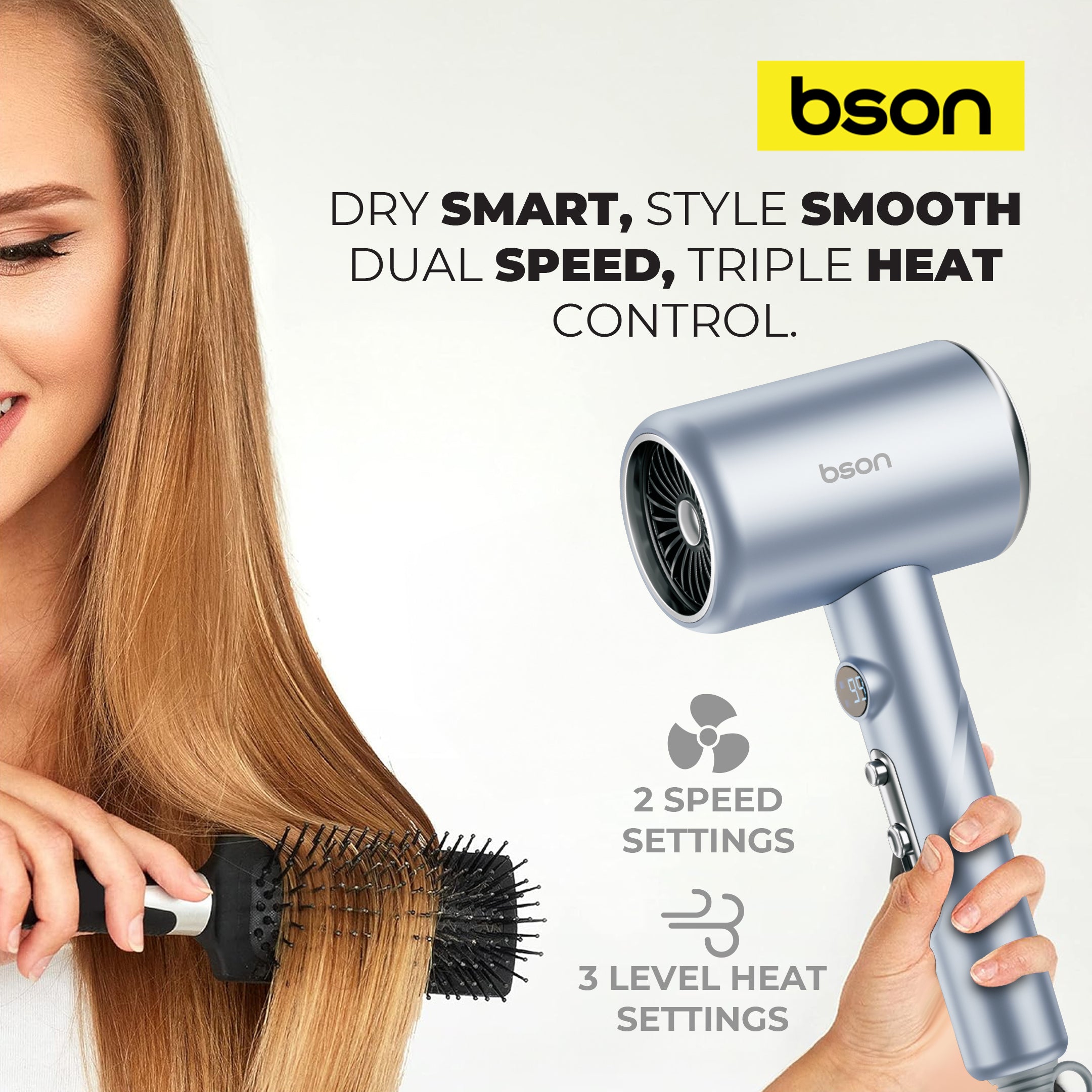 Bson Blowster Hair Dryer, 1800W Professional Hair Dryer, with LCD Display, Overheat Protection, Smart Cool Shot Button, & 1 Nozzle Accessory, with 2 Blowing Speeds & 3 Heat Settings, 1.8M Thick Wire, for Women Men Home Travel & Salon