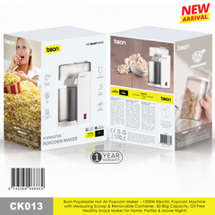 Bson PopMaster Hot Air Popcorn Maker – 1200W, Oil-Free, 50-80g Capacity