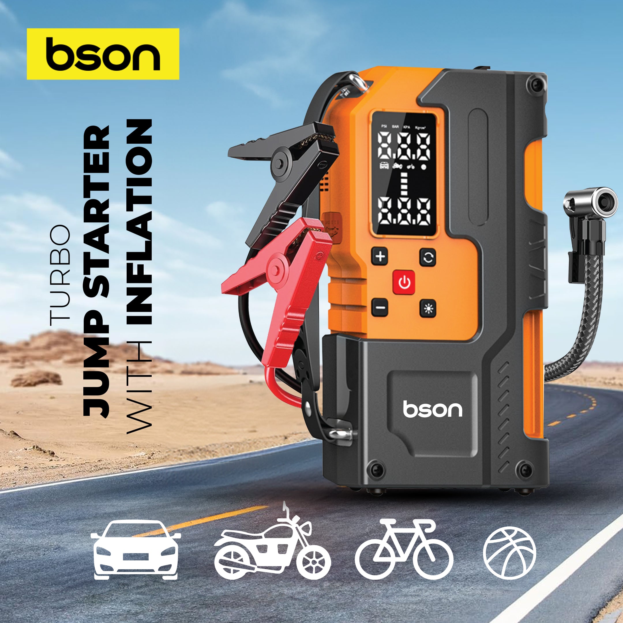 Bson Turbo Jump Starter with Air Inflator – 6-in-1 Emergency Kit, 12000mAh Battery, 150 PSI Compressor, Power Bank, Flashlight, Smart Clips & Storage-Ideal for Outdoor & Travel Use