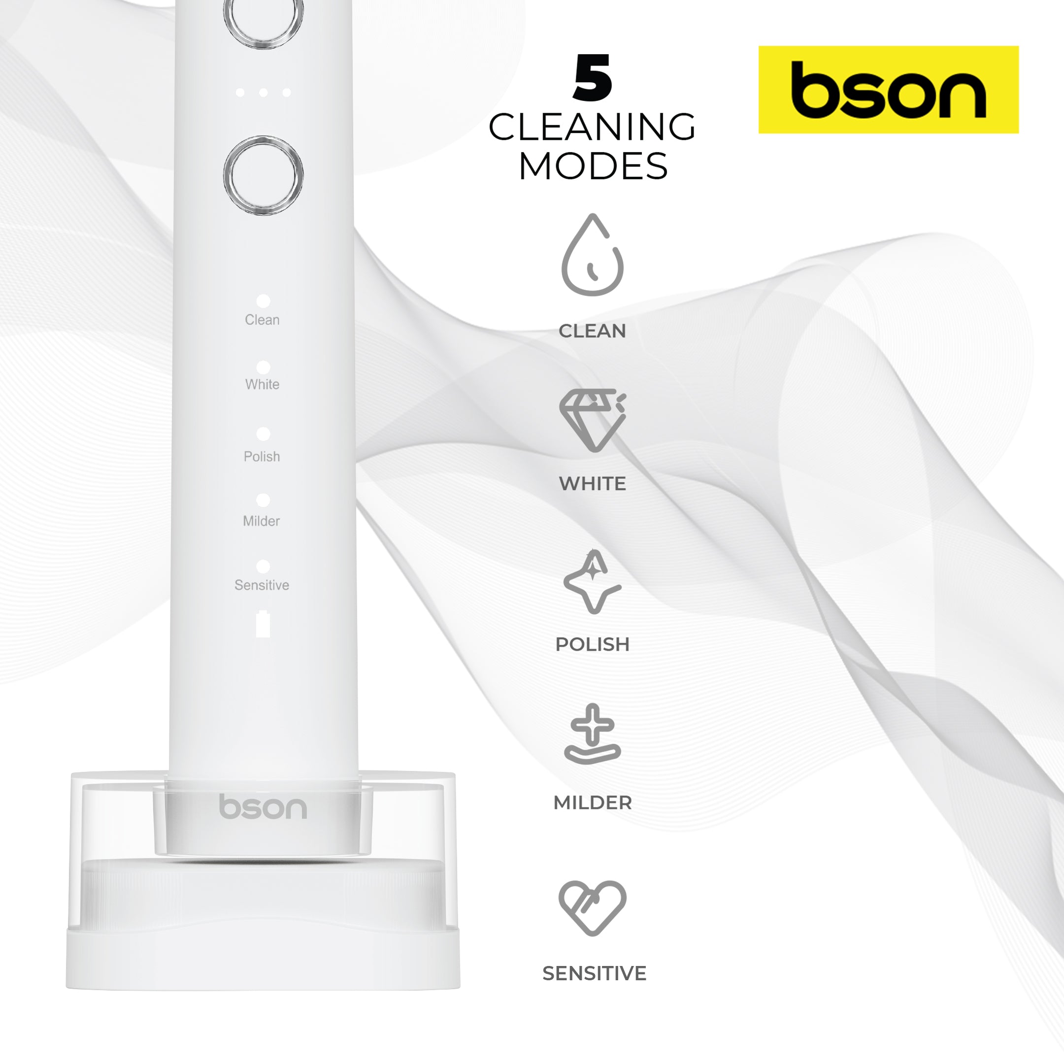 Bson Wireless Sonic Toothbrush With 60-Day Battery Life, 10X Better Whitening, Wireless Charging, 34,000–40,000 SPM & IPX7 Waterproof