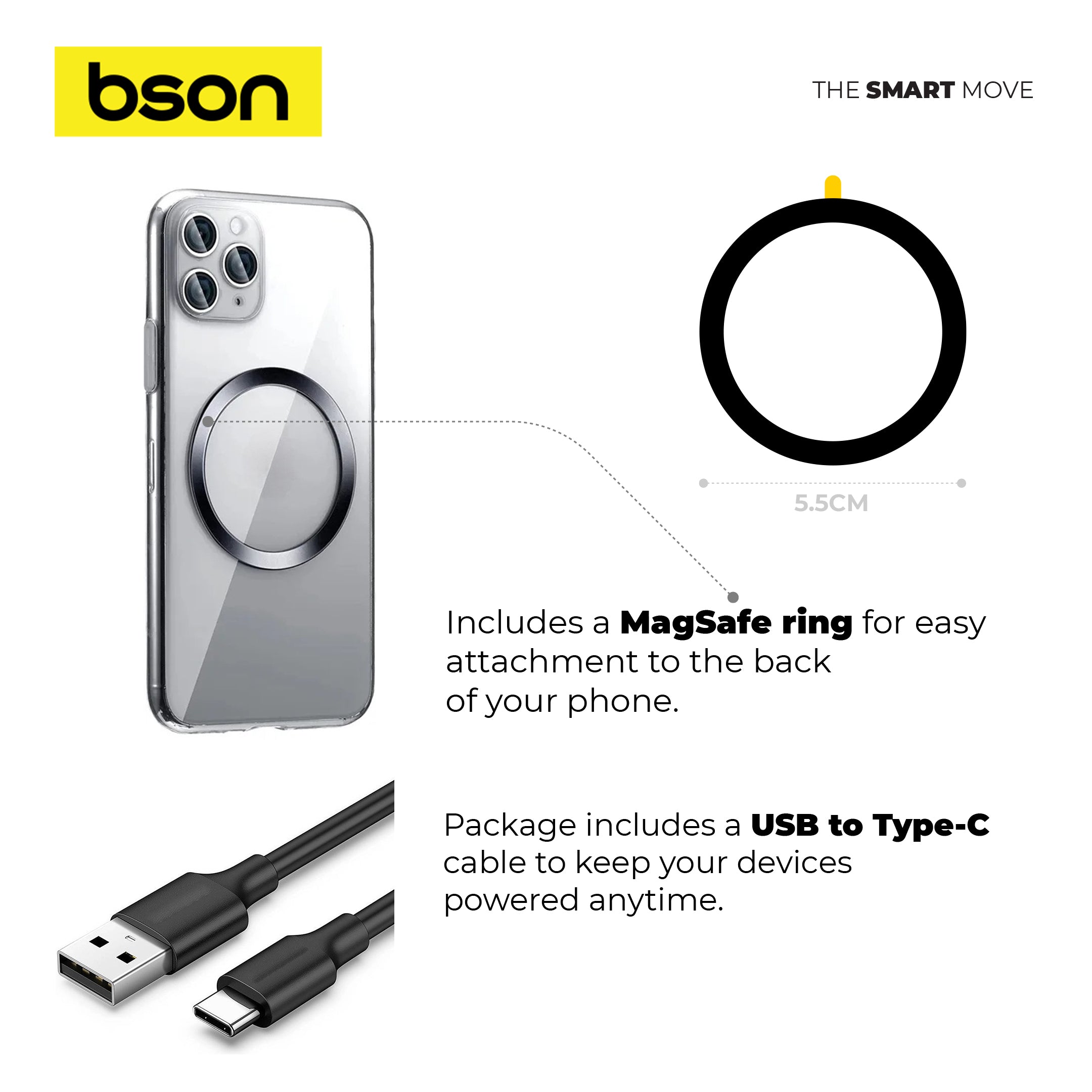 Bson Wireless LED Phone Holder – 15W Fast Wireless Charging, MagSafe Compatible, 360° Rotation, Strong Suction, One-Hand Operation, USB-A to Type-C Cable Included