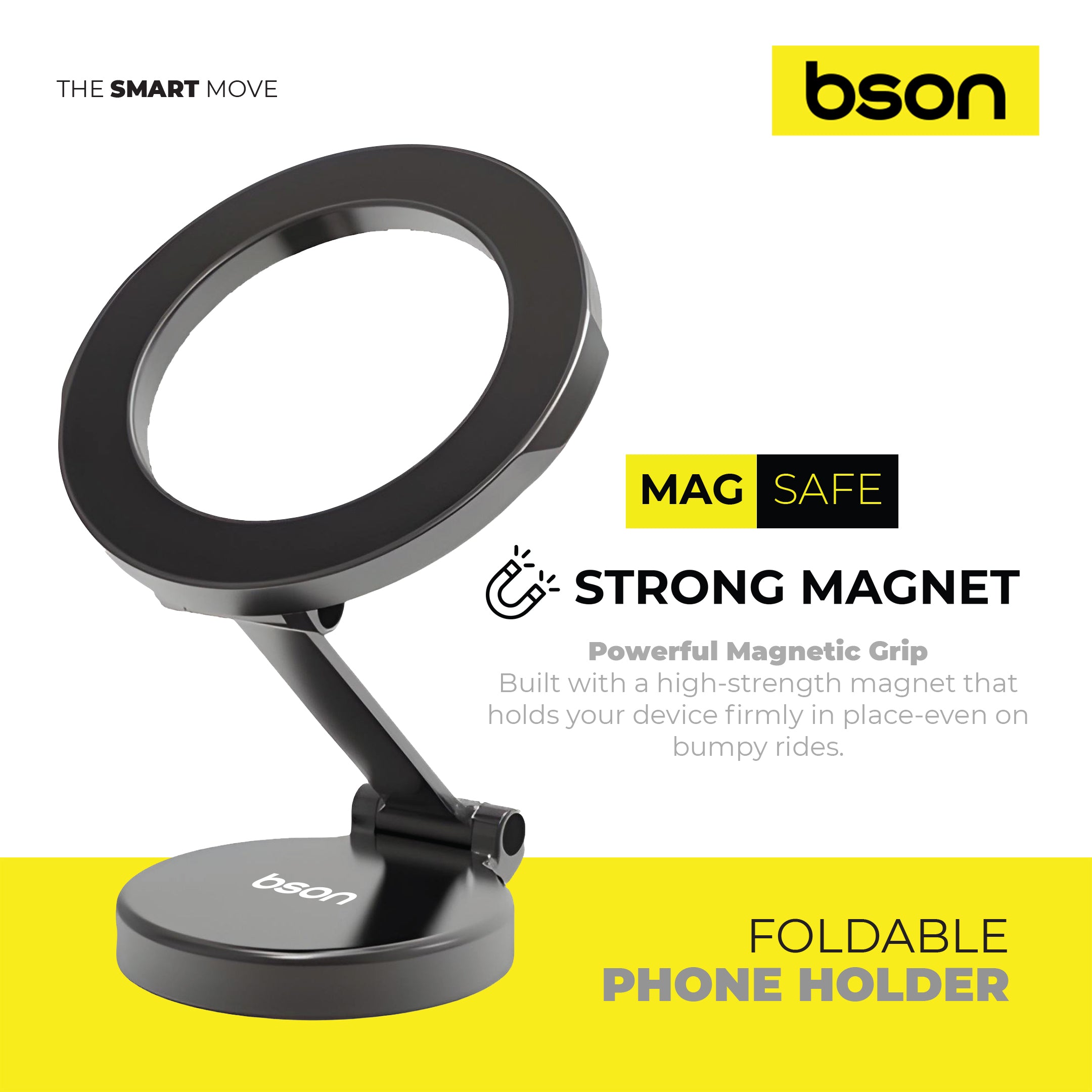 Bson Foldable Phone Holder – Ultimate Suction Mount with Strong MagSafe Magnetic Grip, 1080° Rotation, One-Hand Operation & Foldable Design for Flexible Viewing