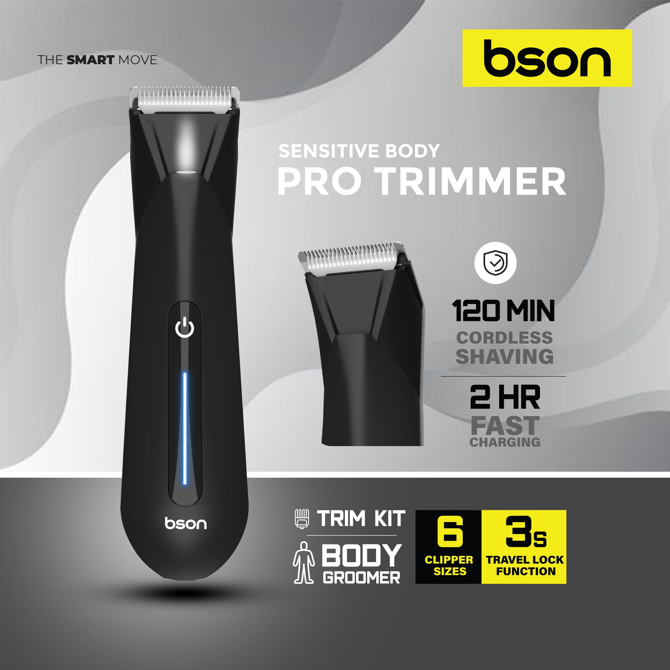 Bson Sensitive Body Pro Trimmer – Skin Secure Design, IPX7 Waterproof, LED Light, 6 Clipper Sizes, Travel Lock, 2H Fast Charging