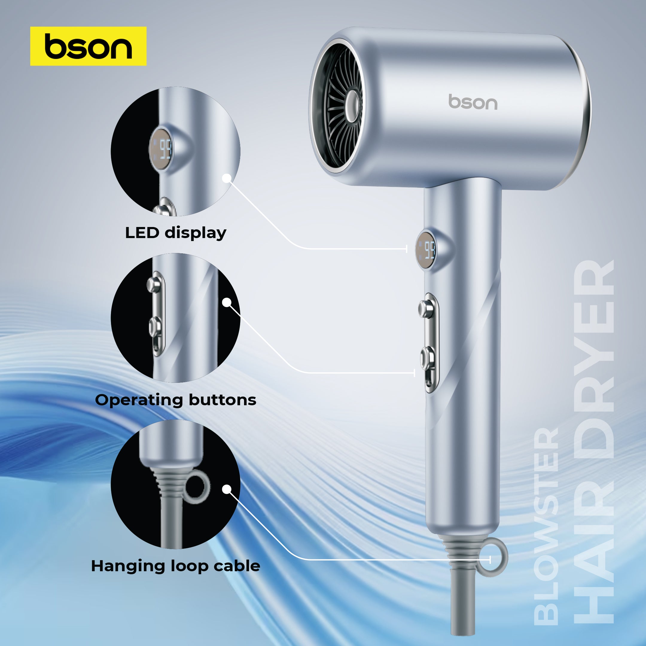Bson Blowster Hair Dryer, 1800W Professional Hair Dryer, with LCD Display, Overheat Protection, Smart Cool Shot Button, & 1 Nozzle Accessory, with 2 Blowing Speeds & 3 Heat Settings, 1.8M Thick Wire, for Women Men Home Travel & Salon