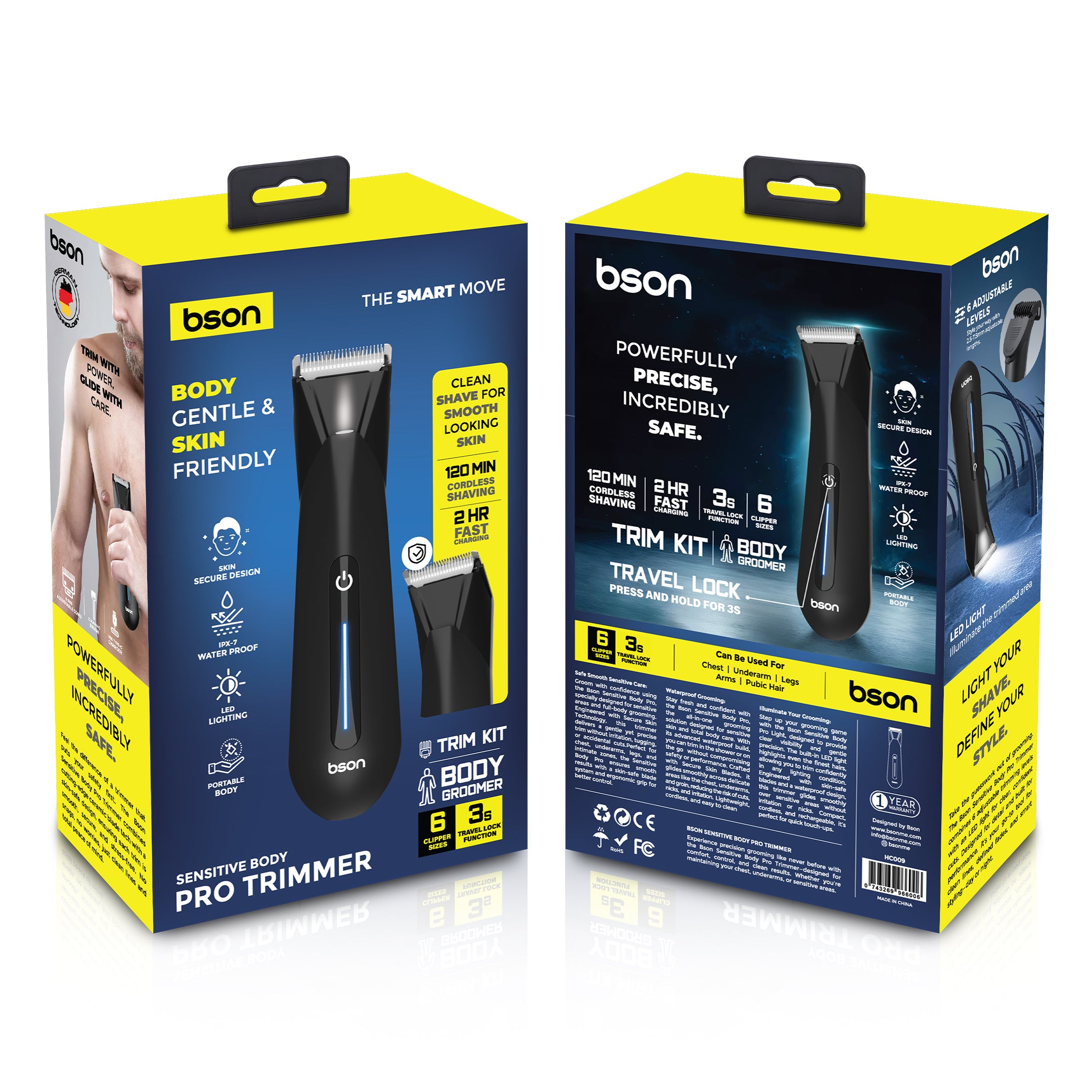 Bson Sensitive Body Pro Trimmer – Skin Secure Design, IPX7 Waterproof, LED Light, 6 Clipper Sizes, Travel Lock, 2H Fast Charging
