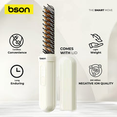 Bson 2-in-1 Hair Comb – Cordless Hair Straightener & Curler with 3 Heat Settings, 200 Million Negative Ions, Light Weight Design, LONG ENDURING with Protective Lid