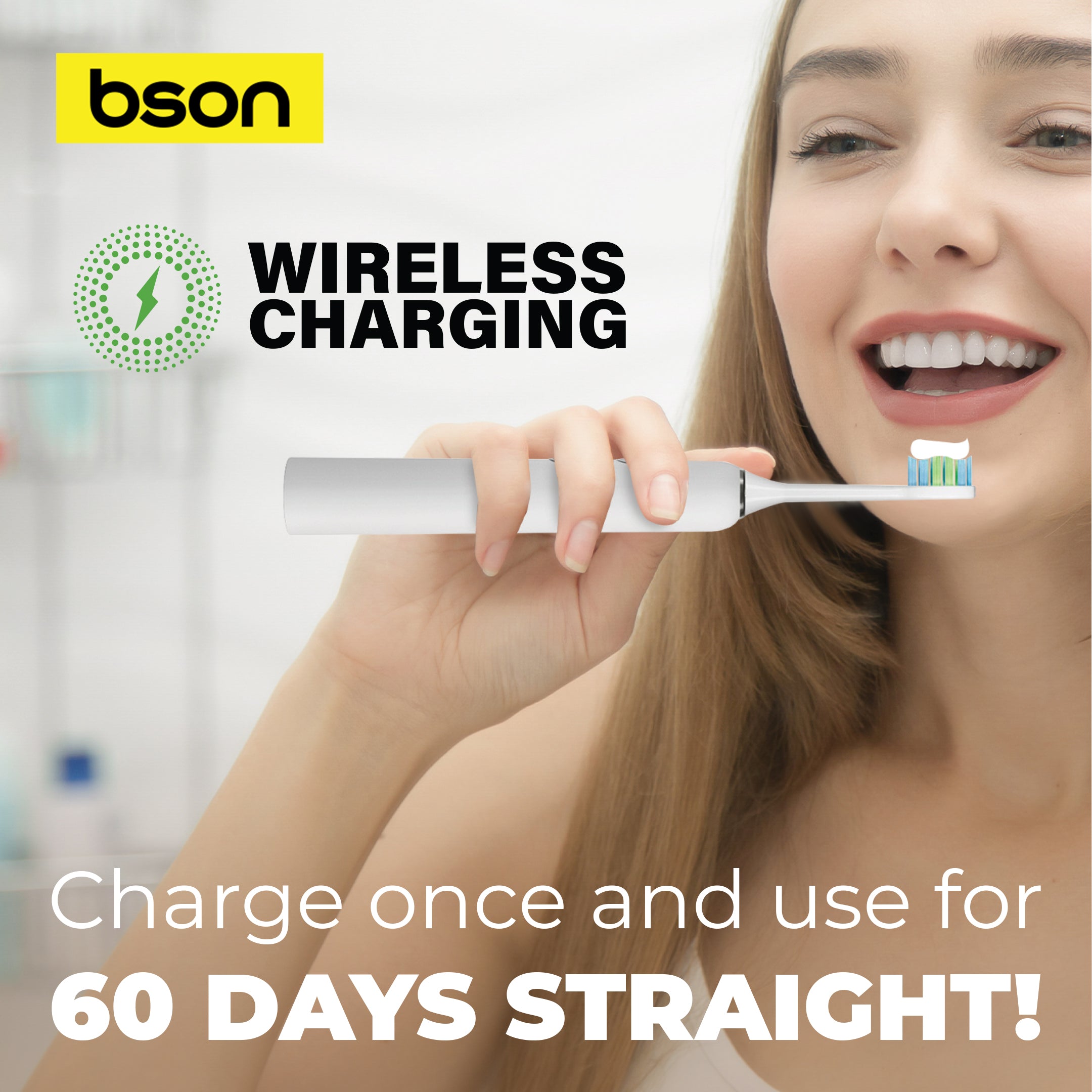 Bson Wireless Sonic Toothbrush With 60-Day Battery Life, 10X Better Whitening, Wireless Charging, 34,000–40,000 SPM & IPX7 Waterproof