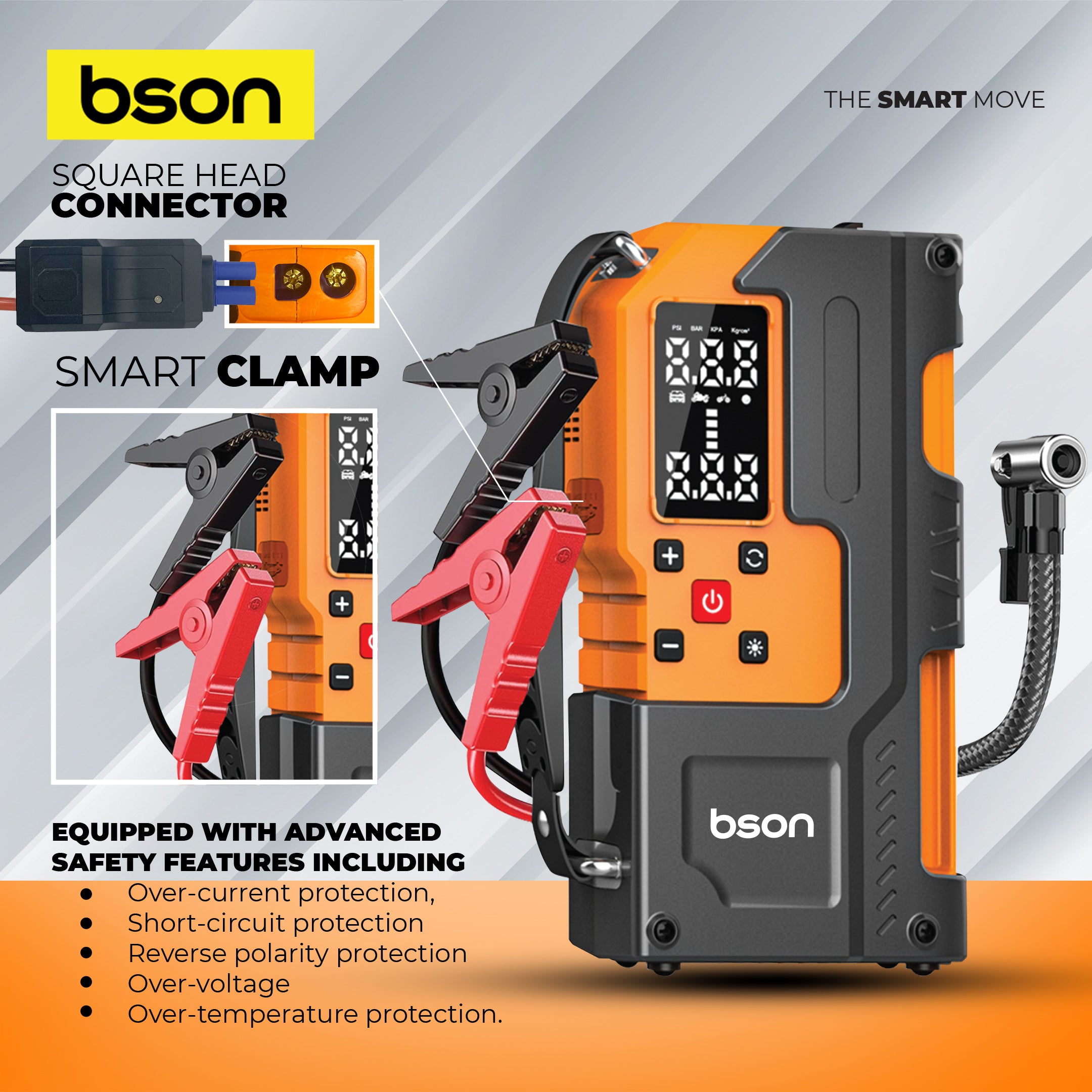 Bson Turbo Jump Starter with Air Inflator – 6-in-1 Emergency Kit, 12000mAh Battery, 150 PSI Compressor, Power Bank, Flashlight, Smart Clips & Storage-Ideal for Outdoor & Travel Use