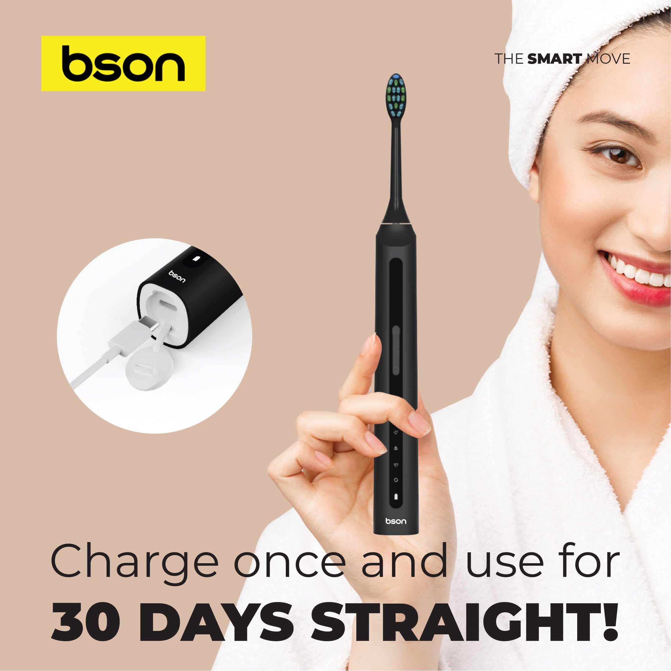 Bson Super Sonic Toothbrush, 9X Better Whitening, 30-Day Battery Life, 34,000–40,000 SPM, IPX7 Waterproof, Advanced Sonic Technology