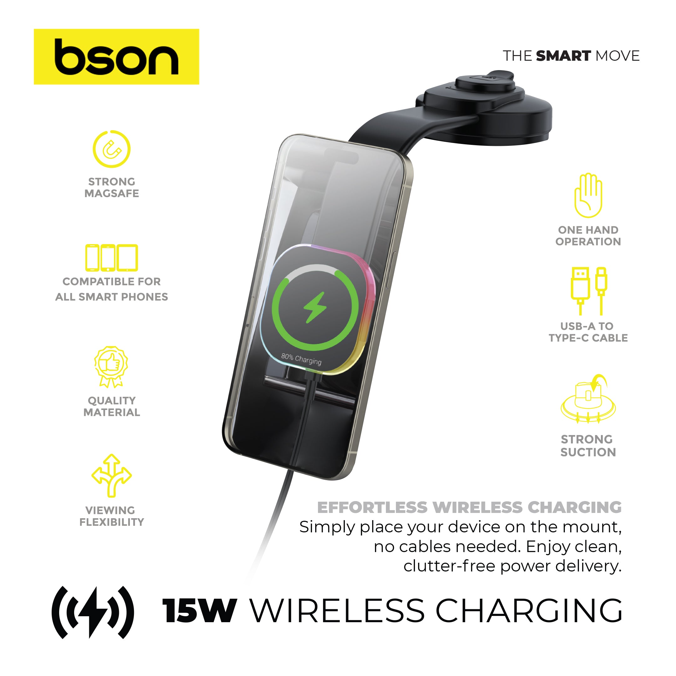 Bson Wireless LED Phone Holder – 15W Fast Wireless Charging, MagSafe Compatible, 360° Rotation, Strong Suction, One-Hand Operation, USB-A to Type-C Cable Included