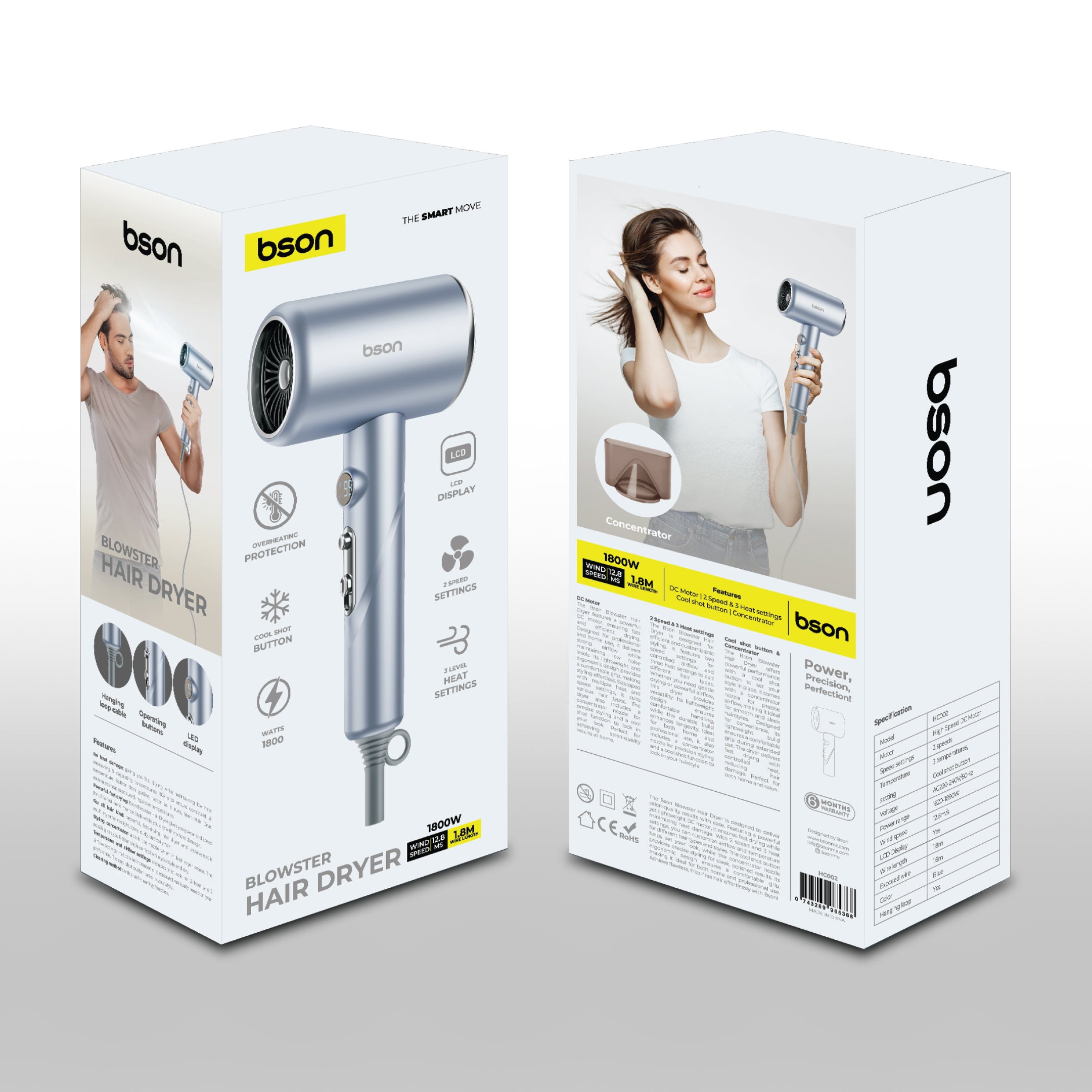 Bson Blowster Hair Dryer, 1800W Professional Hair Dryer, with LCD Display, Overheat Protection, Smart Cool Shot Button, & 1 Nozzle Accessory, with 2 Blowing Speeds & 3 Heat Settings, 1.8M Thick Wire, for Women Men Home Travel & Salon