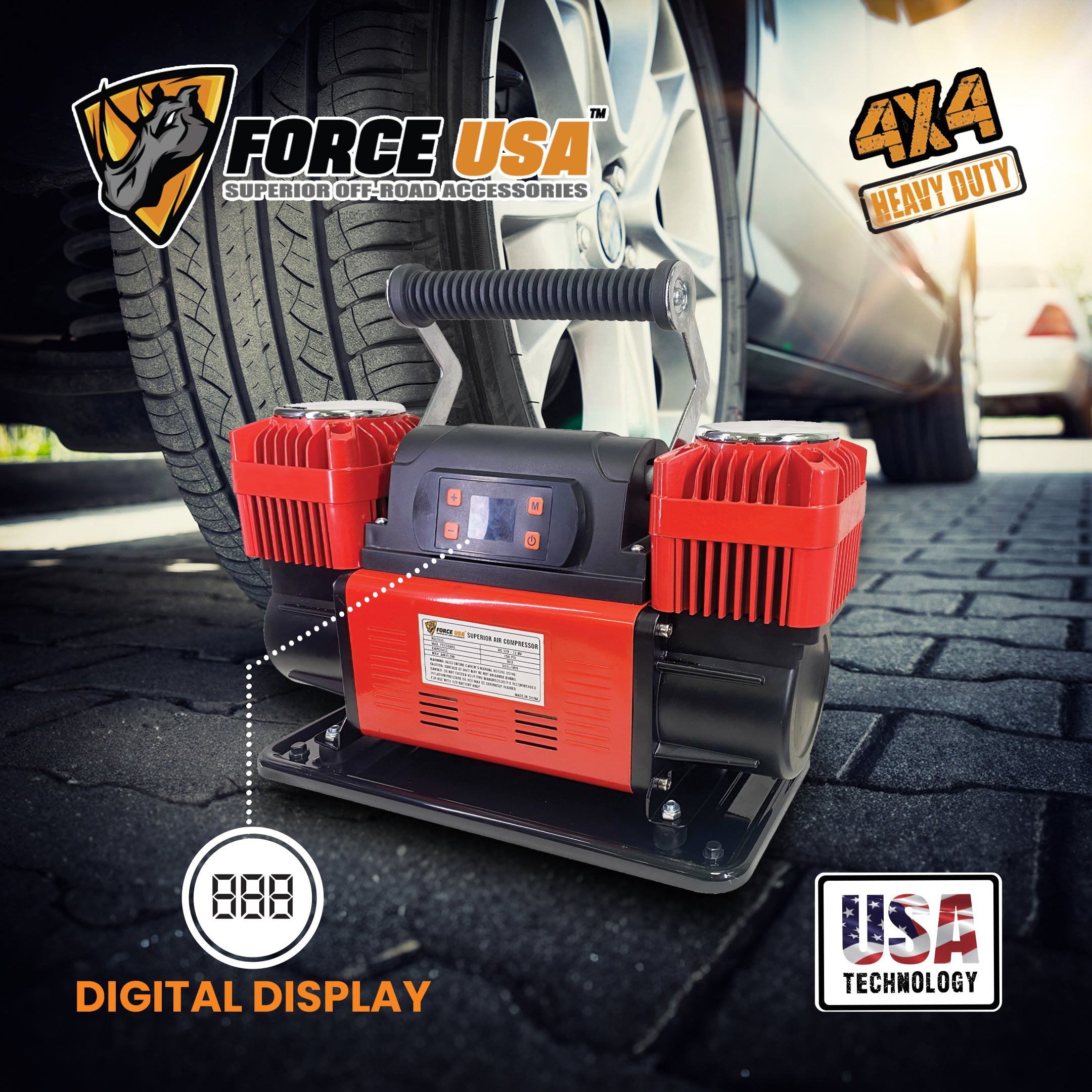 FORCE USA Digital Heavy Duty Double Cylinder Air Compressor – Red | High Power Output, Digital Display, Portable Design, Safety Features – Ideal for Off-Road, Car, and Outdoor Use