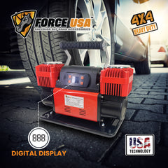 FORCE USA Digital Heavy Duty Double Cylinder Air Compressor – Red | High Power Output, Digital Display, Portable Design, Safety Features – Ideal for Off-Road, Car, and Outdoor Use