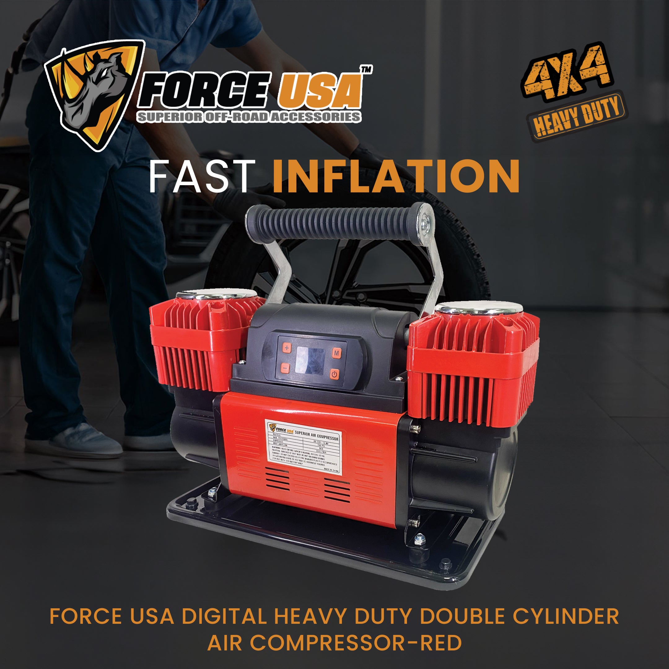 FORCE USA Digital Heavy Duty Double Cylinder Air Compressor – Red | High Power Output, Digital Display, Portable Design, Safety Features – Ideal for Off-Road, Car, and Outdoor Use