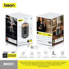 BSON Classy Bhukoor Incense Burner, designed to diffuse rich bhukoor fragrance with elegance and ease. 15 uses per recharge, 90 Sec auto shut-off, 500o temperature with rotatable LID and  type-C charging