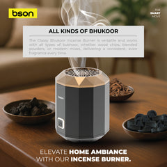 BSON Classy Bhukoor Incense Burner, designed to diffuse rich bhukoor fragrance with elegance and ease. 15 uses per recharge, 90 Sec auto shut-off, 500o temperature with rotatable LID and  type-C charging
