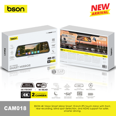 BSON 4K Vision Smart Mirror Smart 10-inch IPS touch mirror with front, rear recording, blind spot detection, and ADAS support for safer, smarter driving.