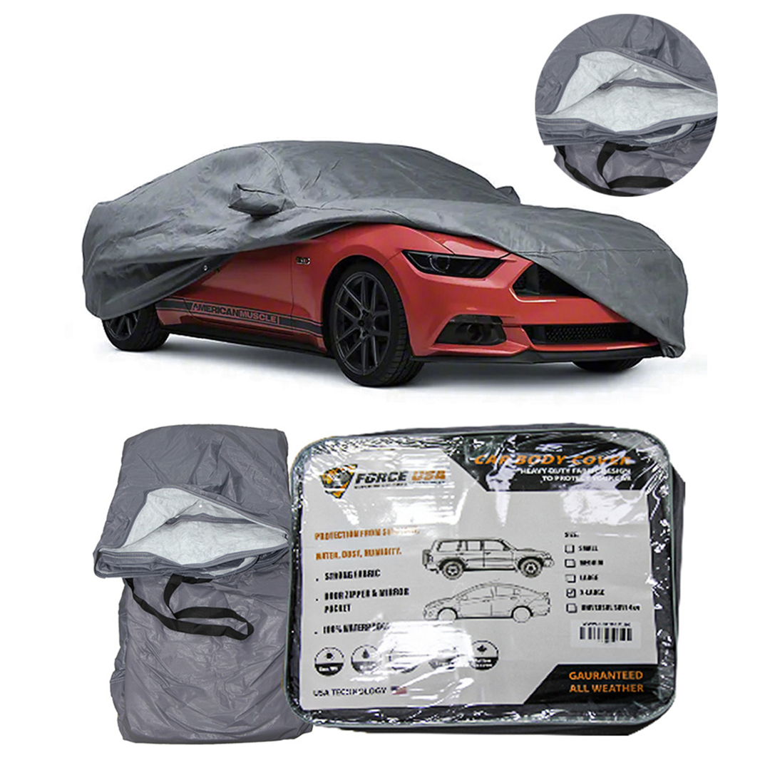 FORCE USA Car Cover Waterproof All Weather for Automobiles Outdoor Full Size Cover Rain Sun UV Protection with Zipper Cotton Universal Fit