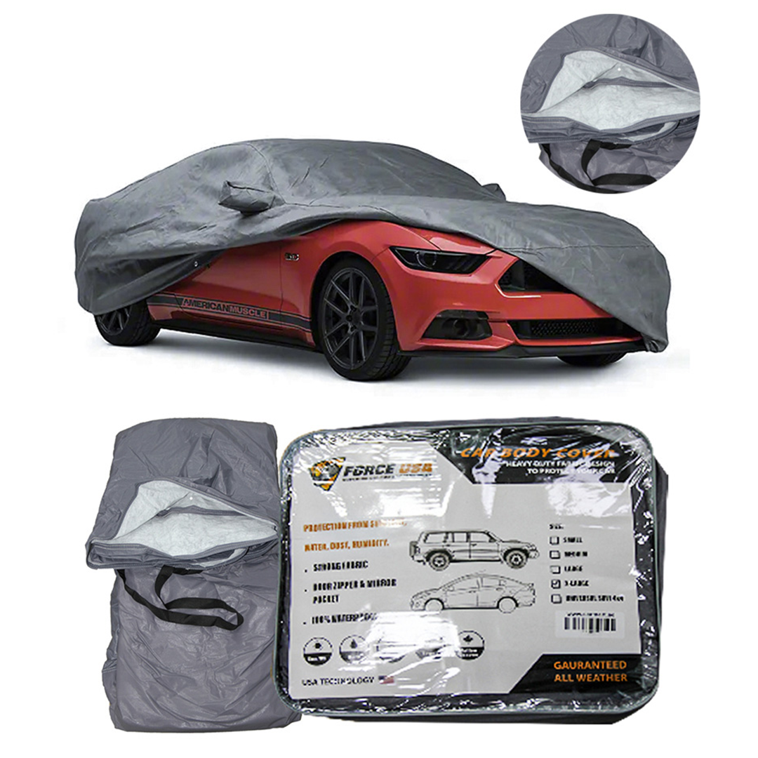 FORCE USA Car Cover Waterproof All Weather for Automobiles Outdoor Full Size Cover Rain Sun UV Protection with Zipper Cotton Universal Fit
