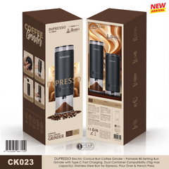 DÙPRESSO Electric Conical Burr Coffee Grinder – Portable 80-Setting Burr Grinder with Type-C Fast Charging, Dual Container Compatibility (70g max capacity), Stainless Steel Burr for Espresso, Pour Over & French Press