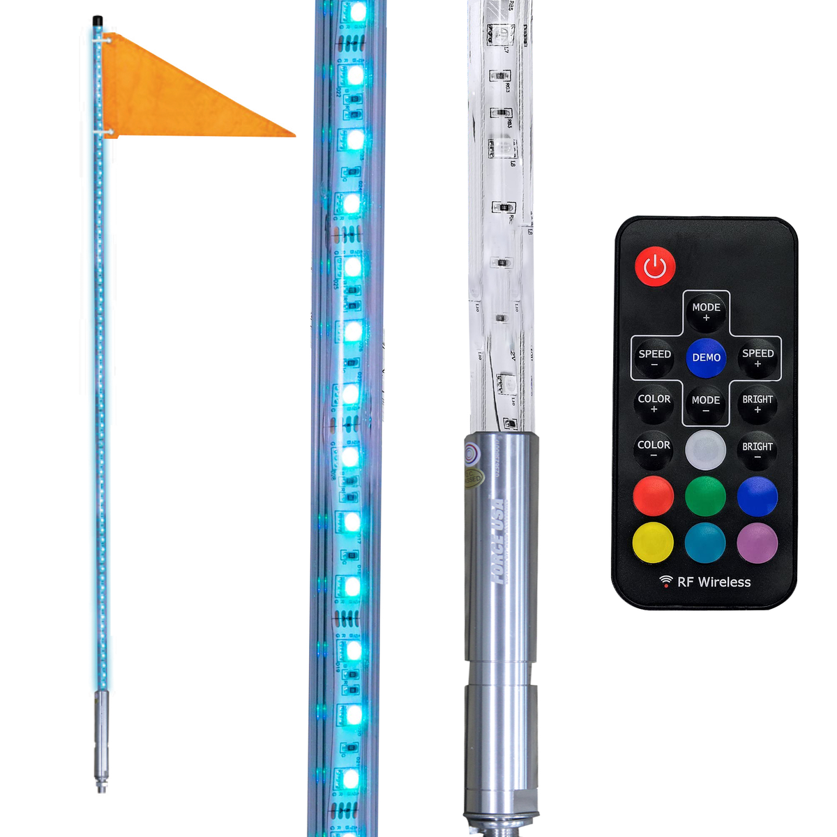 FORCE USA RGB LED Whip Lights w/Flag [Wireless Remote] [Weatherproof] Lighted Antenna Whips