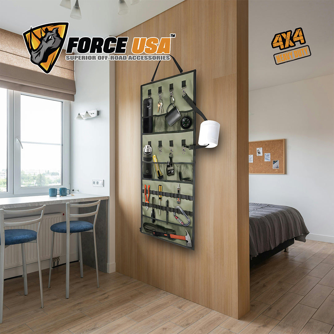 Force USA Hanging Organizer, Foldable, Heavy-Duty 300D Oxford Fabric, with Iron Buckles & Zipper, Multi-Pocket Organizer for Tools, Kitchen, Garage, Camping & Outdoor Use
