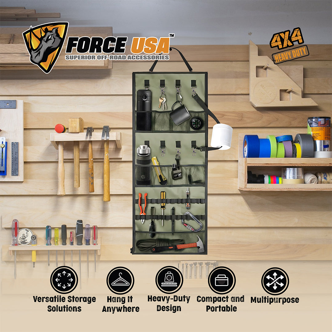 Force USA Hanging Organizer, Foldable, Heavy-Duty 300D Oxford Fabric, with Iron Buckles & Zipper, Multi-Pocket Organizer for Tools, Kitchen, Garage, Camping & Outdoor Use
