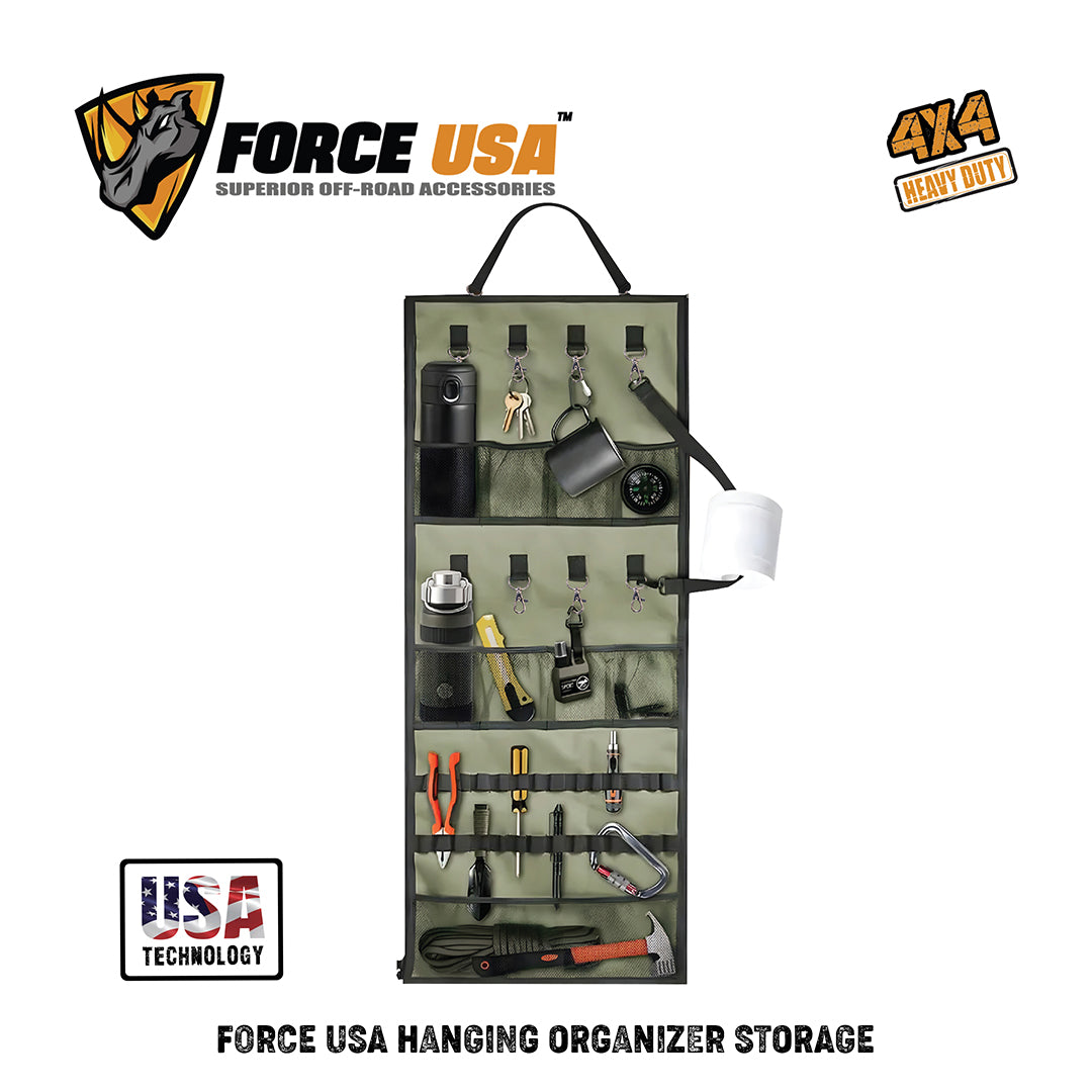 Force USA Hanging Organizer, Foldable, Heavy-Duty 300D Oxford Fabric, with Iron Buckles & Zipper, Multi-Pocket Organizer for Tools, Kitchen, Garage, Camping & Outdoor Use