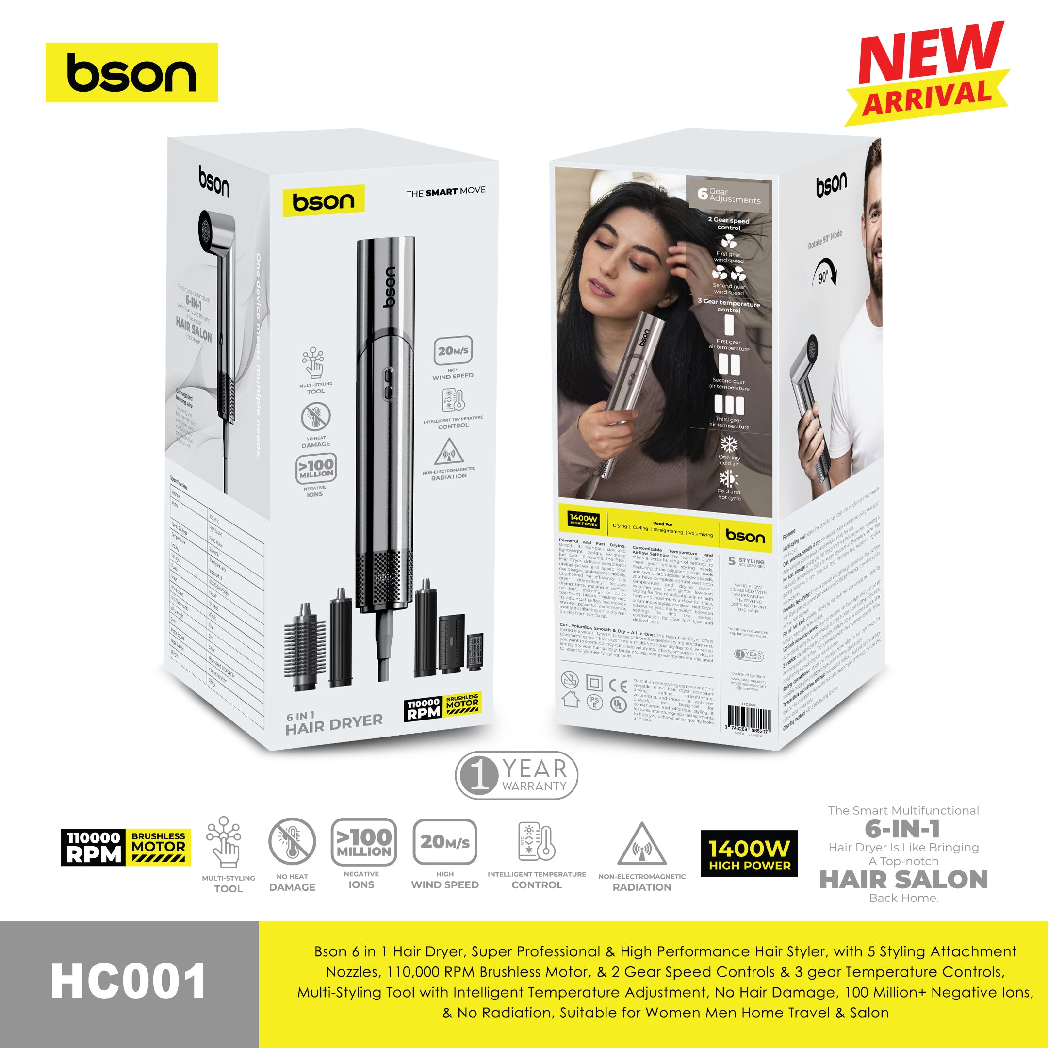 Bson 6-in-1 Professional Hair Dryer & Styler – 110,000 RPM Brushless Motor, 5 Styling Attachments, Intelligent Heat Control, 100M+ Negative Ions, No Radiation-for Women, Men, Home, Travel & Salon Use