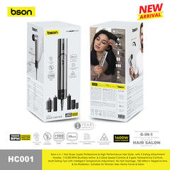 Bson 6-in-1 Professional Hair Dryer & Styler – 110,000 RPM Brushless Motor, 5 Styling Attachments, Intelligent Heat Control, 100M+ Negative Ions, No Radiation-for Women, Men, Home, Travel & Salon Use
