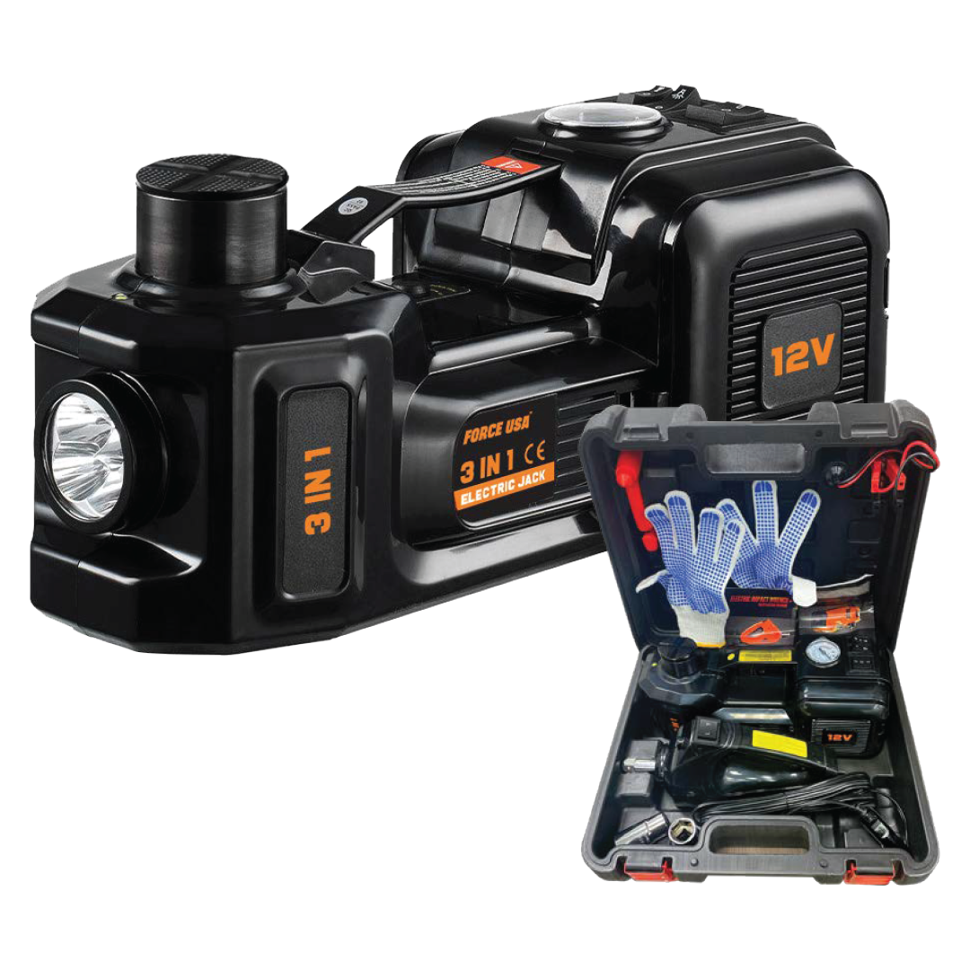 FORCE USA 3-in-1 Electric Jack – 5 Ton Car Jack with Air Pump, 12V LED Light, Electric Nut Opener, Gloves & Glass Break Hammer