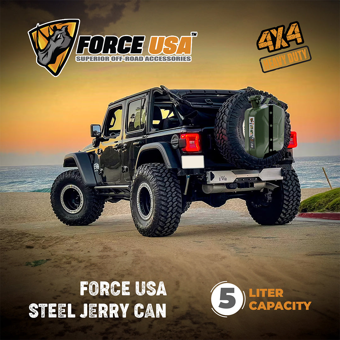Force USA Steel Jerry Can, 5L / 10L / 20L Fuel Container, Heavy-Duty Leak-Proof Gas Can with Secure Cap, Ergonomic Handle & Powder-Coated Finish, Corrosion-Resistant Steel for Outdoor & Emergency Use
