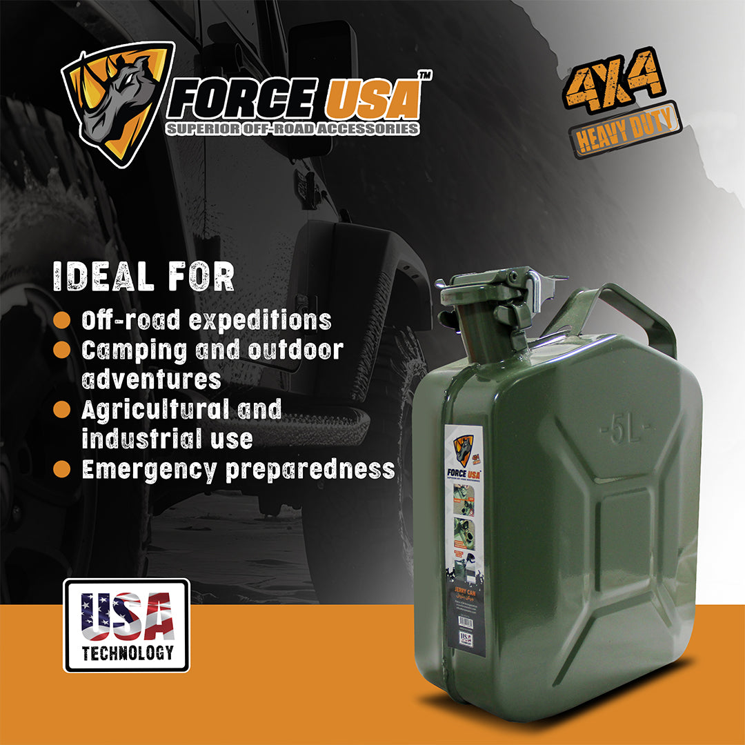 Force USA Steel Jerry Can, 5L / 10L / 20L Fuel Container, Heavy-Duty Leak-Proof Gas Can with Secure Cap, Ergonomic Handle & Powder-Coated Finish, Corrosion-Resistant Steel for Outdoor & Emergency Use