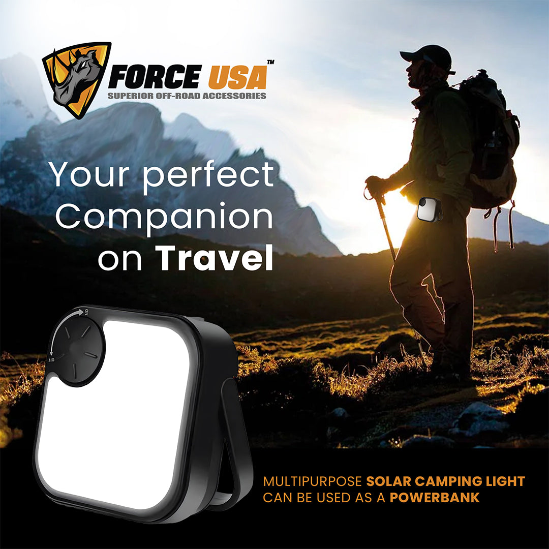 Force USA Multipurpose Solar Camping Light, Rechargeable LED Lantern with Power Bank, White & Warm Light With Emergency Flashlight, Solar & USB Charging, Portable for Outdoor, Hiking, Tent, and Emergency Use