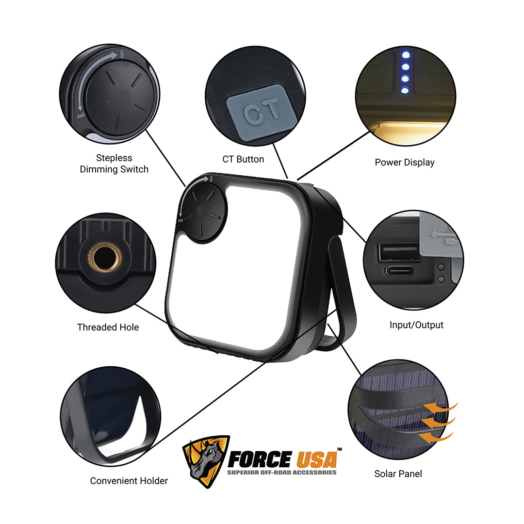 Force USA Multipurpose Solar Camping Light, Rechargeable LED Lantern with Power Bank, White & Warm Light With Emergency Flashlight, Solar & USB Charging, Portable for Outdoor, Hiking, Tent, and Emergency Use