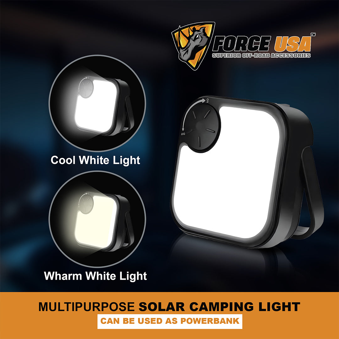 Force USA Multipurpose Solar Camping Light, Rechargeable LED Lantern with Power Bank, White & Warm Light With Emergency Flashlight, Solar & USB Charging, Portable for Outdoor, Hiking, Tent, and Emergency Use