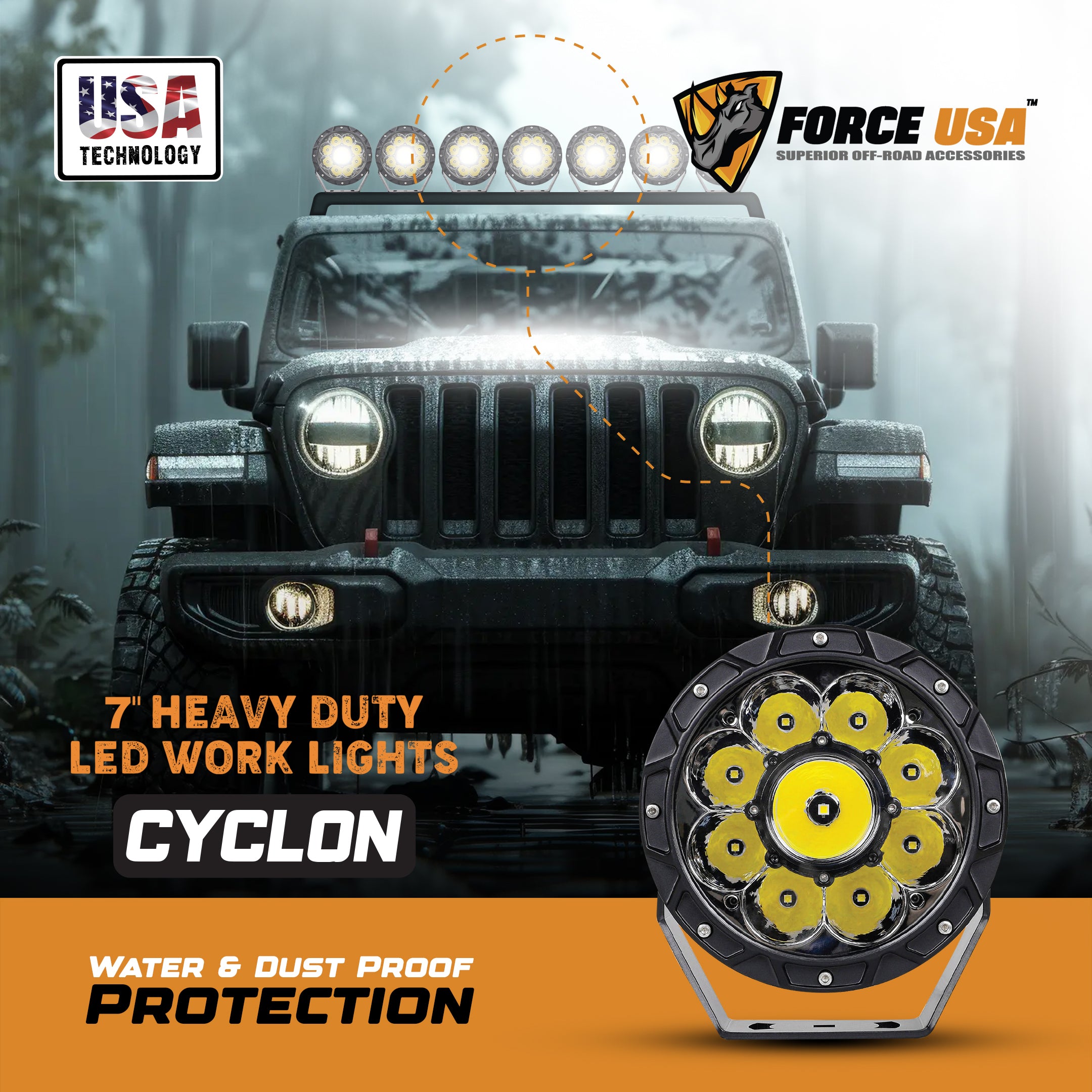 FORCE USA CYCLON 7″ LED Light Spot – Heavy Duty, White Beam, Flood Pattern, High Lumens, Fast Heat Dissipation, Amber & Black Covers Included (Set of 2)