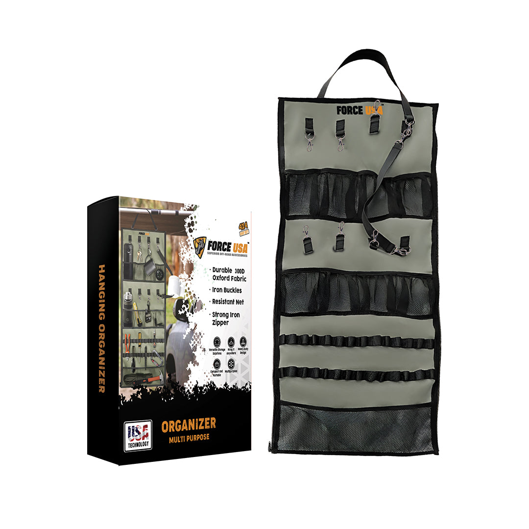 Force USA Hanging Organizer, Foldable, Heavy-Duty 300D Oxford Fabric, with Iron Buckles & Zipper, Multi-Pocket Organizer for Tools, Kitchen, Garage, Camping & Outdoor Use