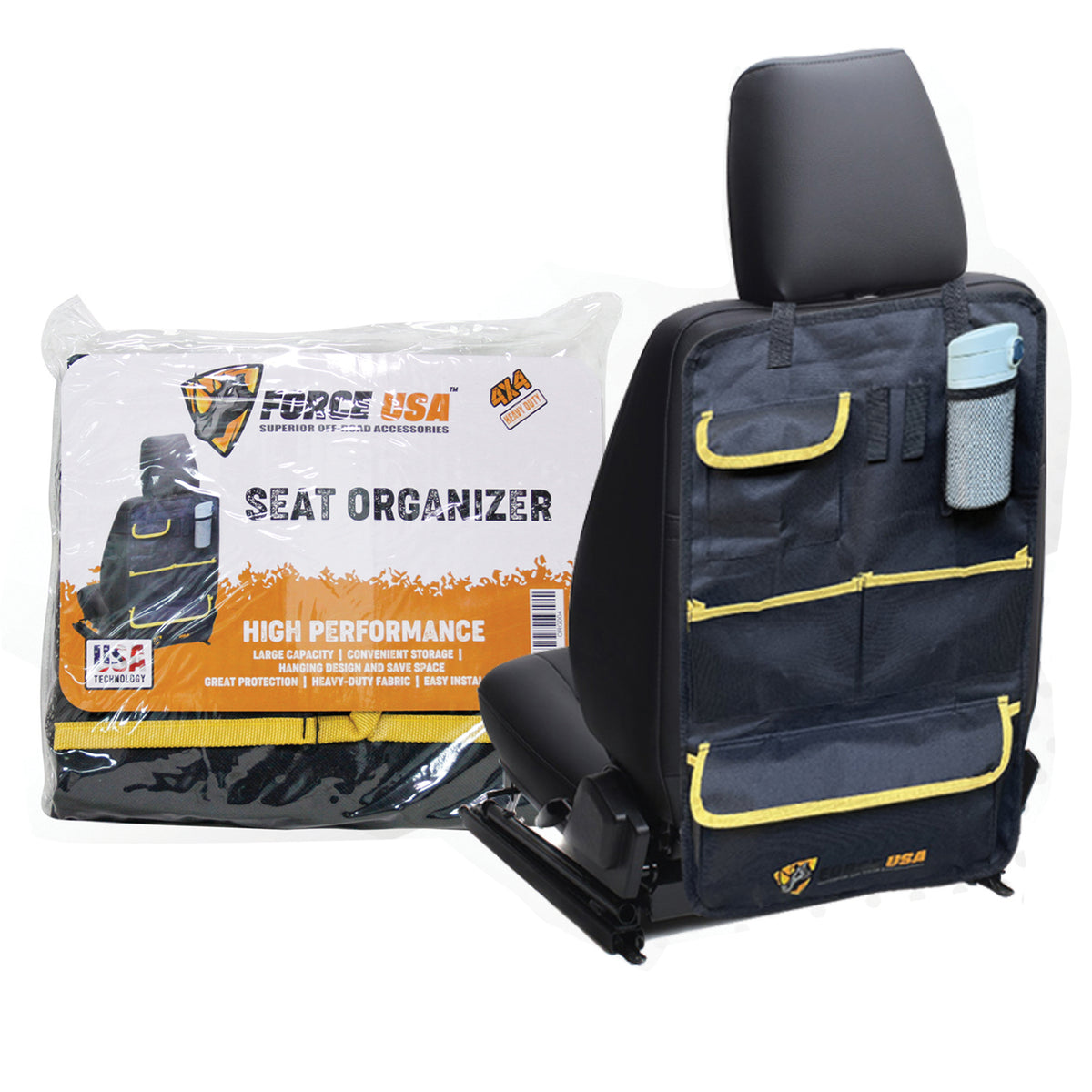 FORCE USA Car One Seat Organizer Backseat for Your Car, SUV, Minivan, Truck Seats, Tablet Holder for Kids Toddlers, Travel Accessories, Black