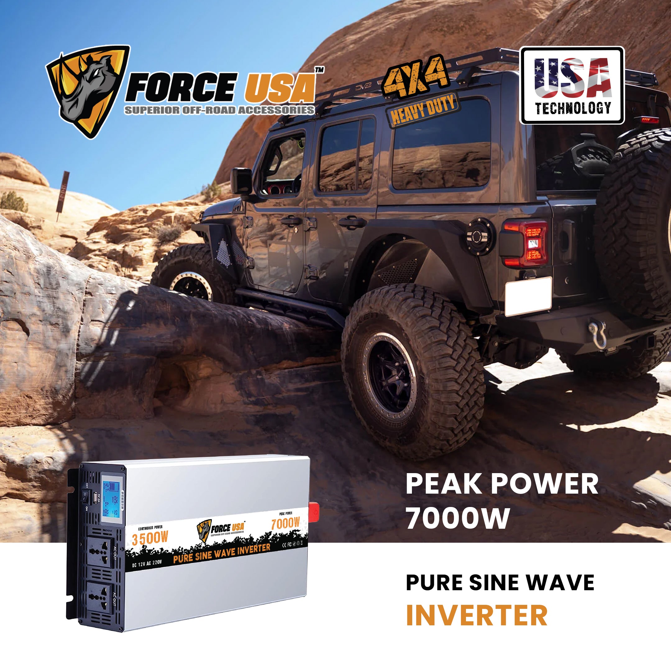 FORCE USA 3500W Car Pow Inverter – 7000W Peak, 12V DC to 220V AC, Pure Sine Wave, USB Output, Universal Socket,er Soft Start & Isolated DC/AC – High-Performance Vehicle Power Converter
