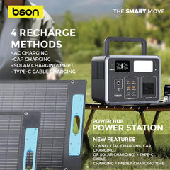 Bson Power Hub Power Station with PD 100W Type-C fast charging, 4 recharge methods AC, car, solar, Type-C, multiple output ports, LED light, and cigarette lighter cable. A compact, portable power solution ideal for camping and outdoor use.