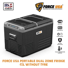 FORCE USA 45L Portable Dual Zone Fridge – Dual Compartment Car Fridge Freezer, -18°C to 10°C, Touch Control, USB Port, LED Light, Battery Protection – Ideal for Camping, Travel & Outdoor Use (No Tyres)