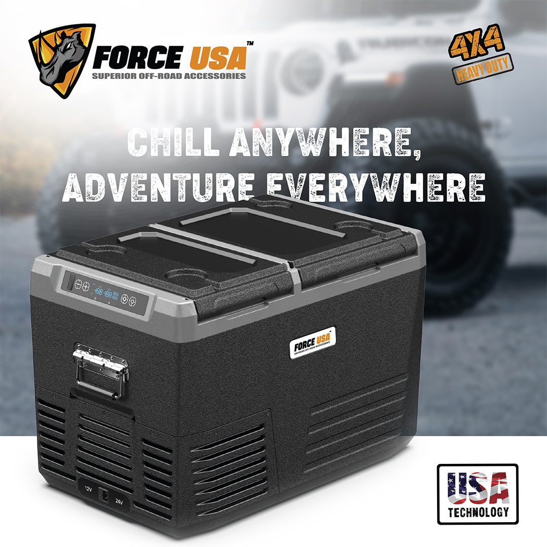 FORCE USA 45L Portable Dual Zone Fridge – Dual Compartment Car Fridge Freezer, -18°C to 10°C, Touch Control, USB Port, LED Light, Battery Protection – Ideal for Camping, Travel & Outdoor Use (No Tyres)