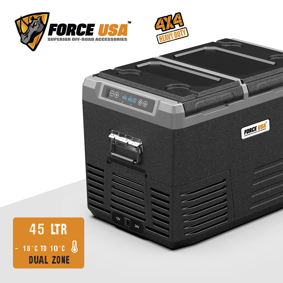 FORCE USA 45L Portable Dual Zone Fridge – Dual Compartment Car Fridge Freezer, -18°C to 10°C, Touch Control, USB Port, LED Light, Battery Protection – Ideal for Camping, Travel & Outdoor Use (No Tyres)