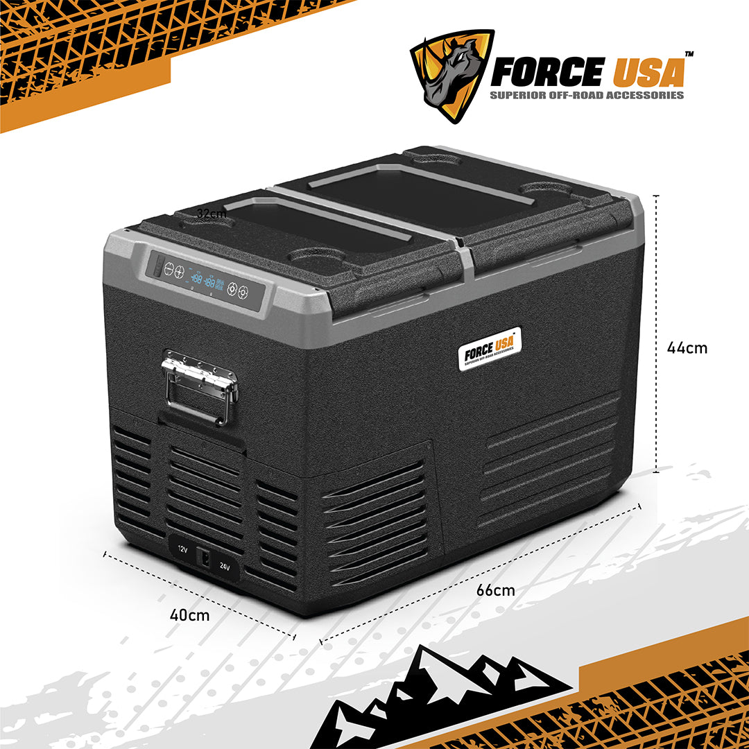 FORCE USA 45L Portable Dual Zone Fridge – Dual Compartment Car Fridge Freezer, -18°C to 10°C, Touch Control, USB Port, LED Light, Battery Protection – Ideal for Camping, Travel & Outdoor Use (No Tyres)
