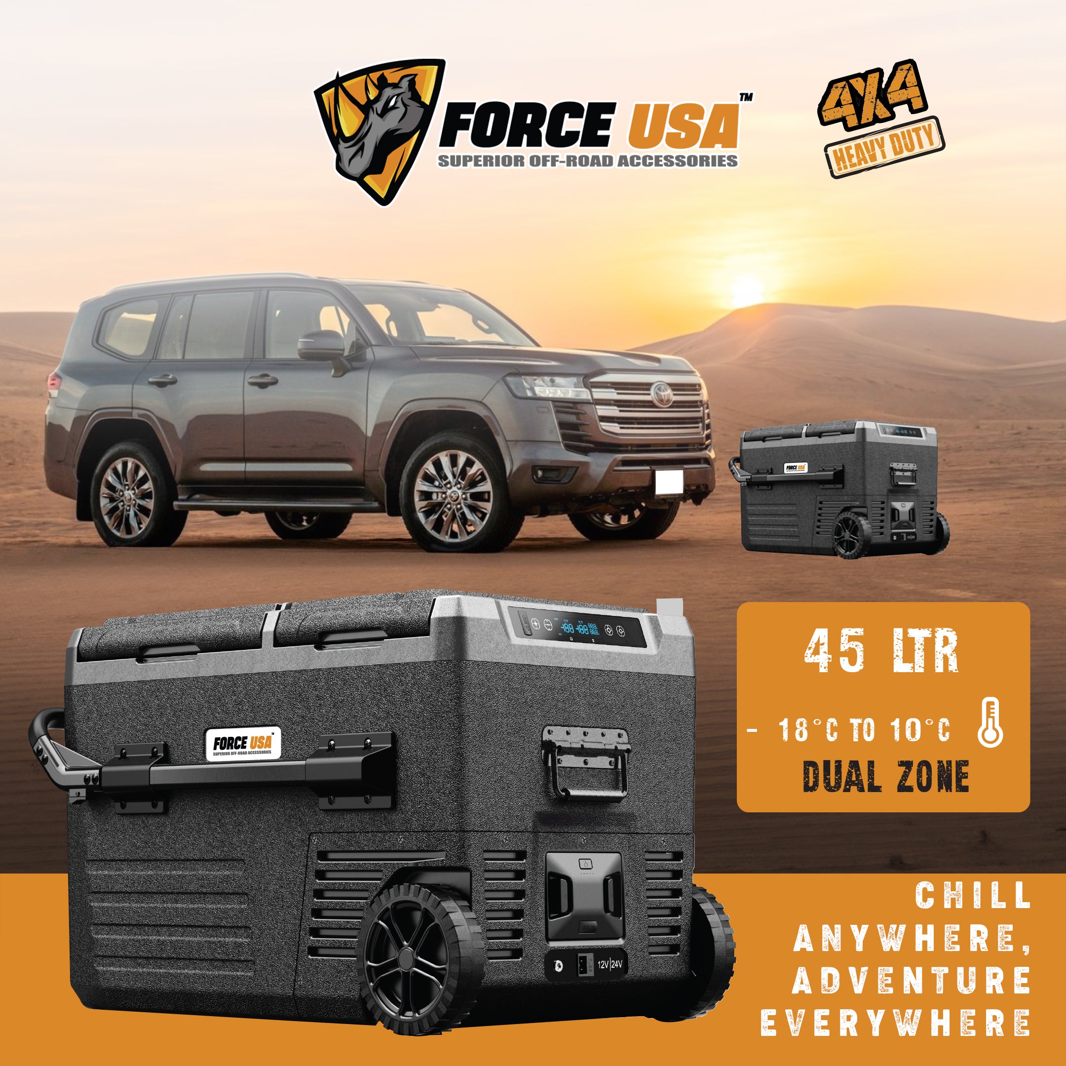 Portable Fridge 45L – Touch Temperature Control, USB Port, LED Light, Battery Protection, 20°C to -18°C Cooling Range – Ideal for Car, Camping, Travel & Outdoor Use